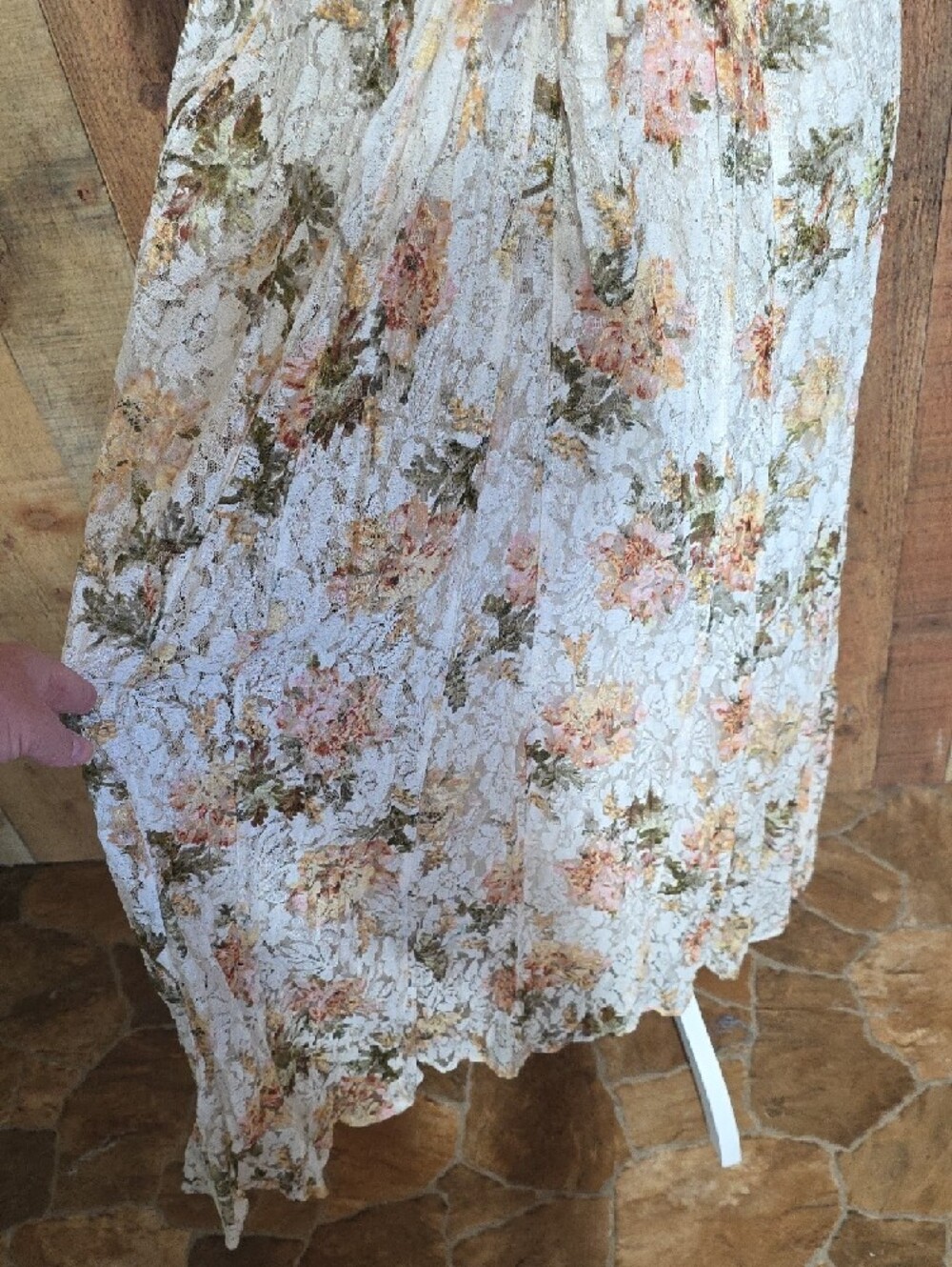 Floral Lace V-Neck Rayon Maxi Dress in Ivory and Peach - Picture 8 of 10